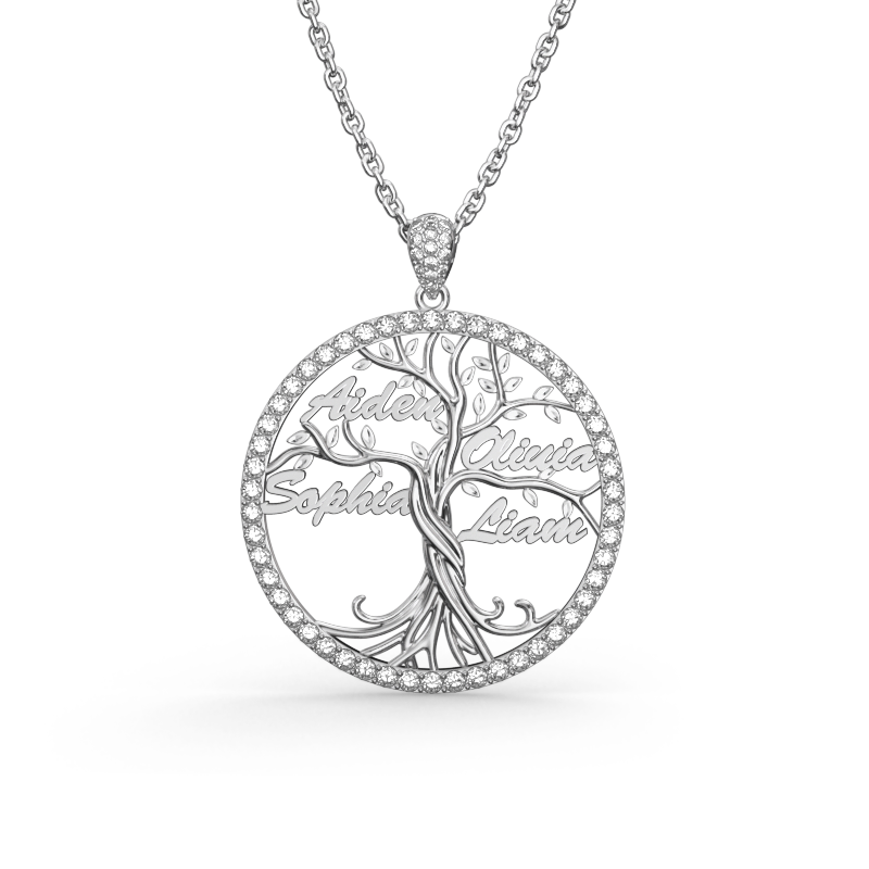 Custom Halo Tree of Life Multi-name Necklace Sterling silver_3
