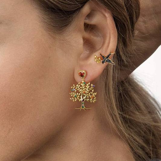 Tree of Life & swallow Ear Studs 925 Sterling Silver 18k Gold Plated inlaid with Stones Mother's Day Gift_3