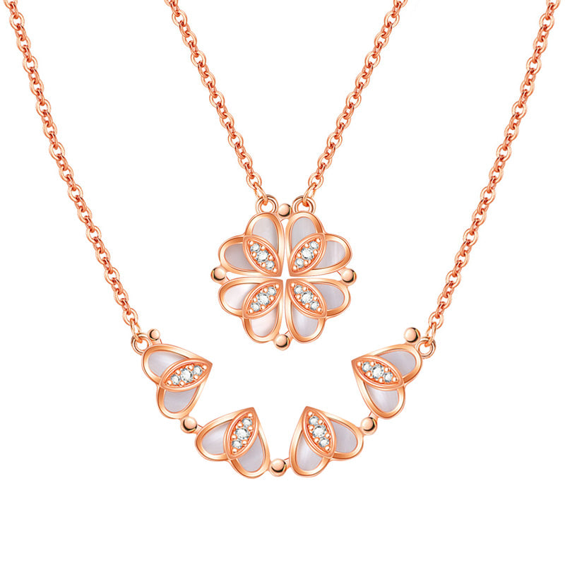 Lucky Four-leaf Clover Double-sided 4 in 1 Necklace Sterling silver Inlaid with Mother-of-pearl and Stones_2