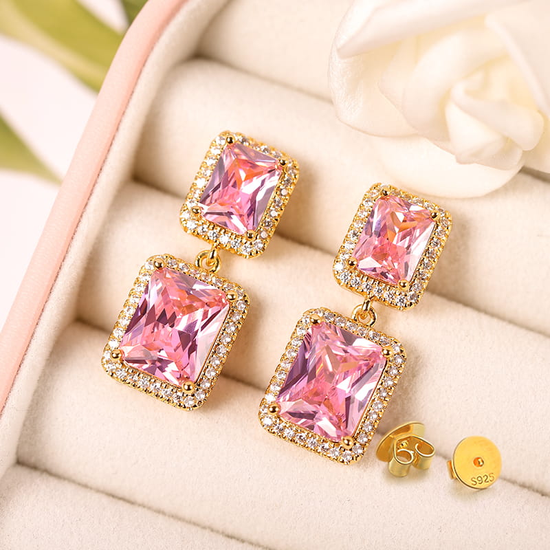 Pink Radiant Gems Dangle Earrings with Gold Plated Sterling Silver_2