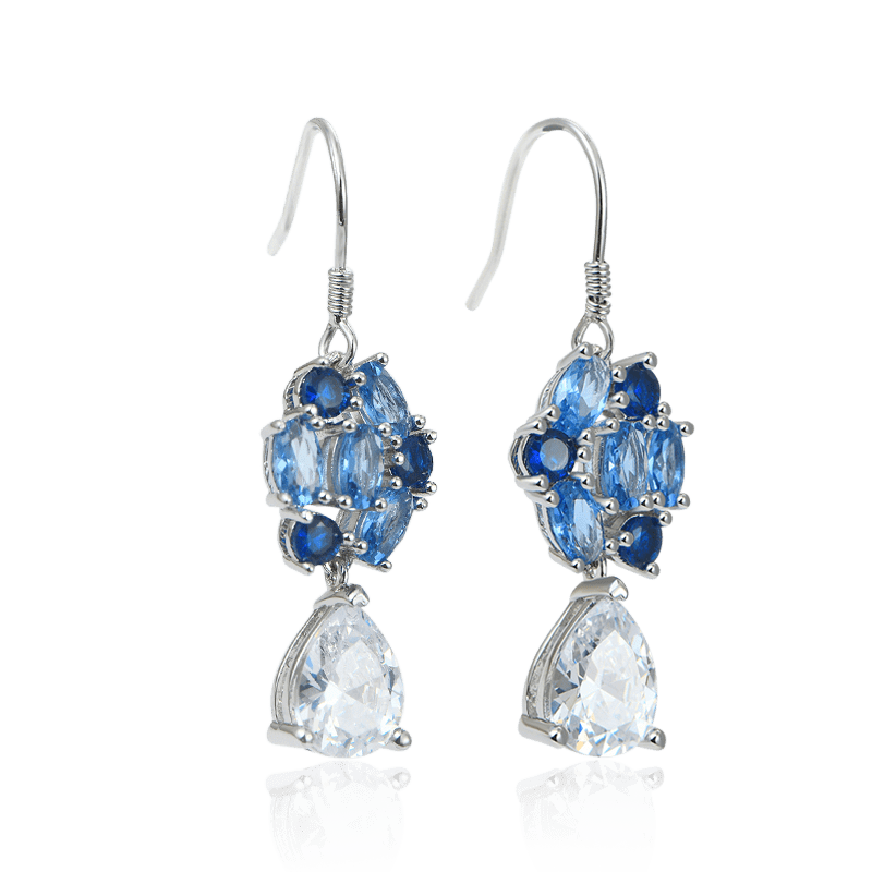 Blue Flower Diamond Drop Earrings with Sterling Silver_2