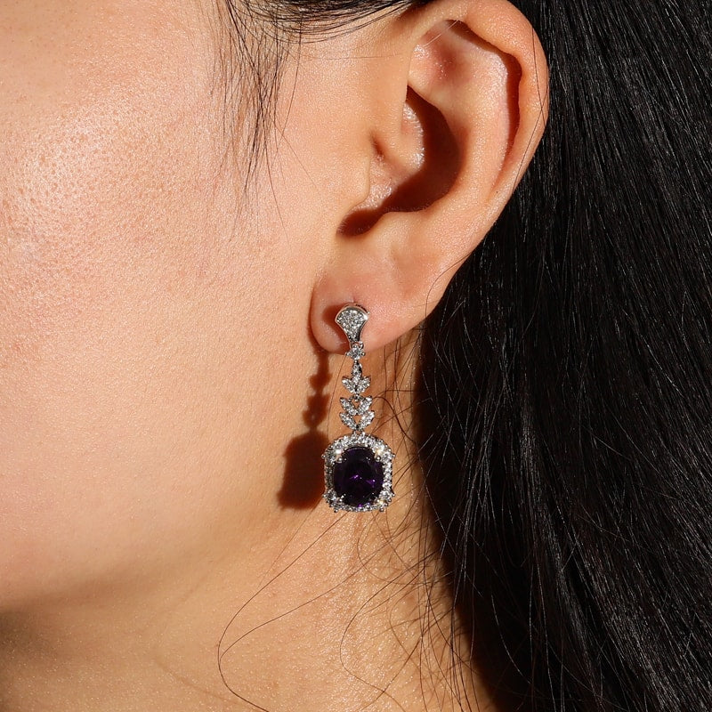 Purple Oval Diamond Dangle Earrings with Sterling Silver_3