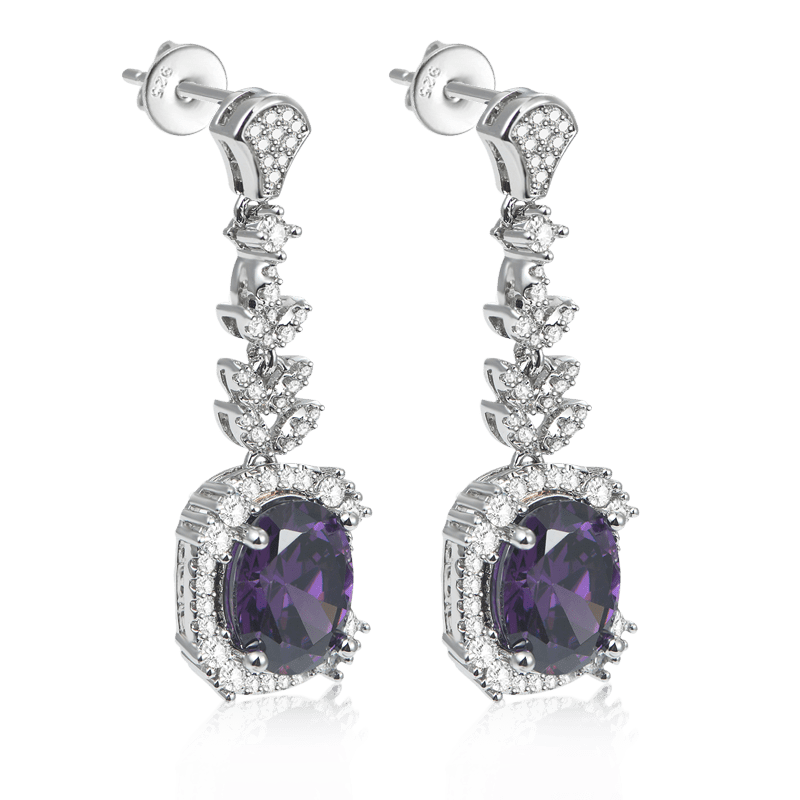 Purple Oval Diamond Dangle Earrings with Sterling Silver_2